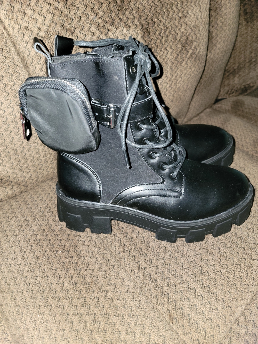 Nature Breeze Black Lace-Up Combat Boots with Side Pouch